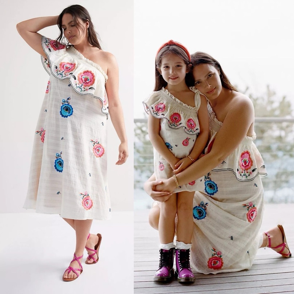 Anthropologie Plenty by Tracy Reese Embroidered One-Shoulder Floral Midi Dress